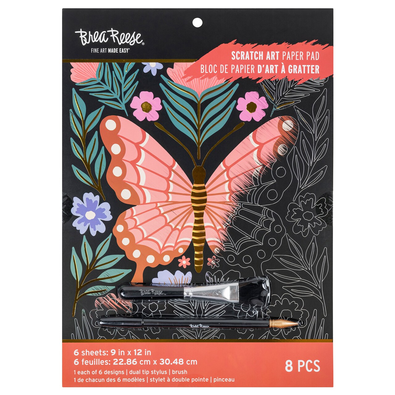 Brea Reese: Scratch Art Paper Pad - Butterfly Garden - 6 Designs, Metallic Guided Art, Dual-Tip Stylus & Brush, Easy-to-Frame 9x12" Pages, Adult Craft